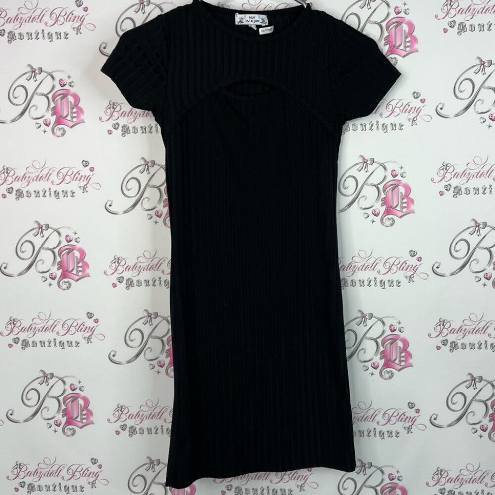 Poof! Dress mini cut out chest Black Ribbed Mini Dress bondage tight dress